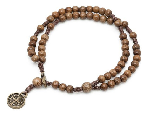 Pulseira Terço De Pulso Com Medalha De São Bento Madeira Comprimento 23 Cm Diâmetro 7 Cm