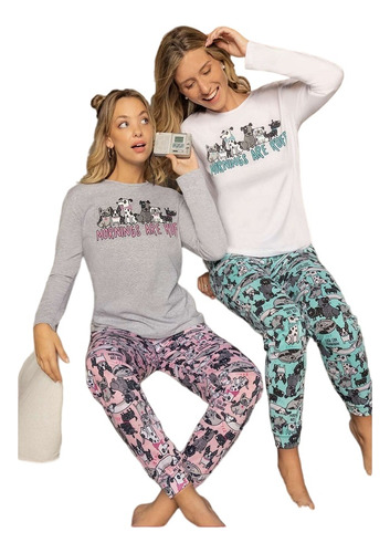 Pijama Mujer Remera Manga Larga+pantalon Estampado Lencatex 