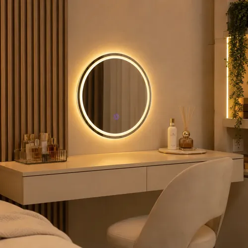 Espelho Jateado Redondo 3 Cores De Led Iluminação Decoração 3 Cores - 30x30cm