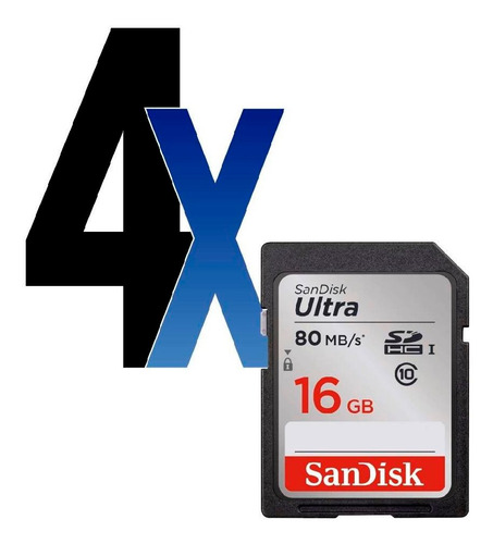4x Cartão Sd Sdhc Ultra Sandisk 16gb 80mbs