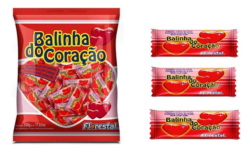 Balinha Do Coração Morango 500g - Florestal-kit 2 Pacotes