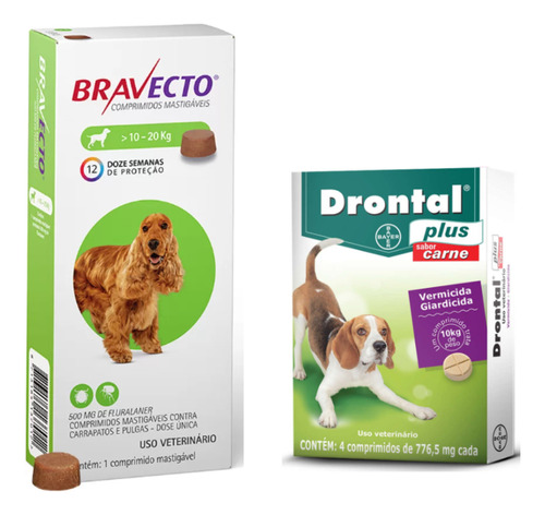 01 Bravecto Cães De 10 A 20kg E 01 Drontal 10kg Com 4 Comp