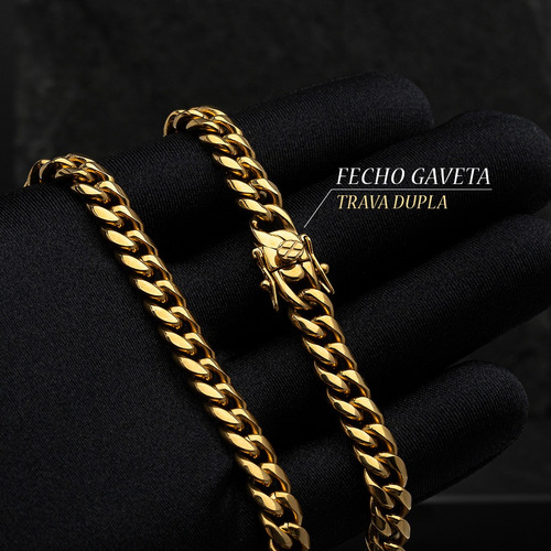 Conjunto Corrente Aço Inox Masculino Cj-125 Fecho Gaveta Cor Dourado