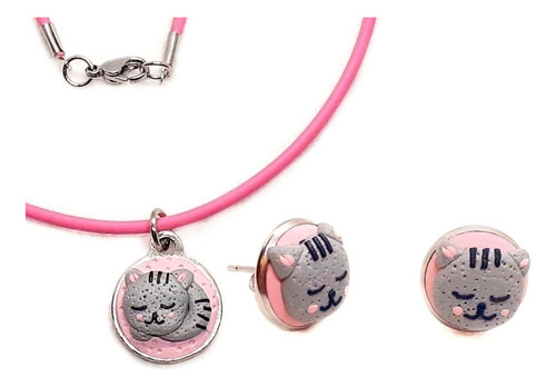 Collar Y Aretes Gato Gatito Tierno De Fondo Rosa Fimofemi