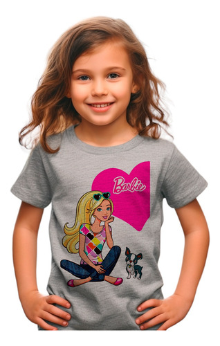 Camiseta Infantil Cinza Cz1  Barbie Sentada Cachorro Coracao