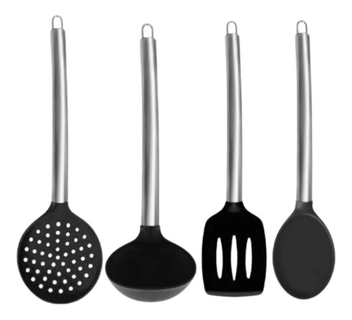 Kit Colher Concha Escumadeira Espátula Silicone 04 Pçs Preto