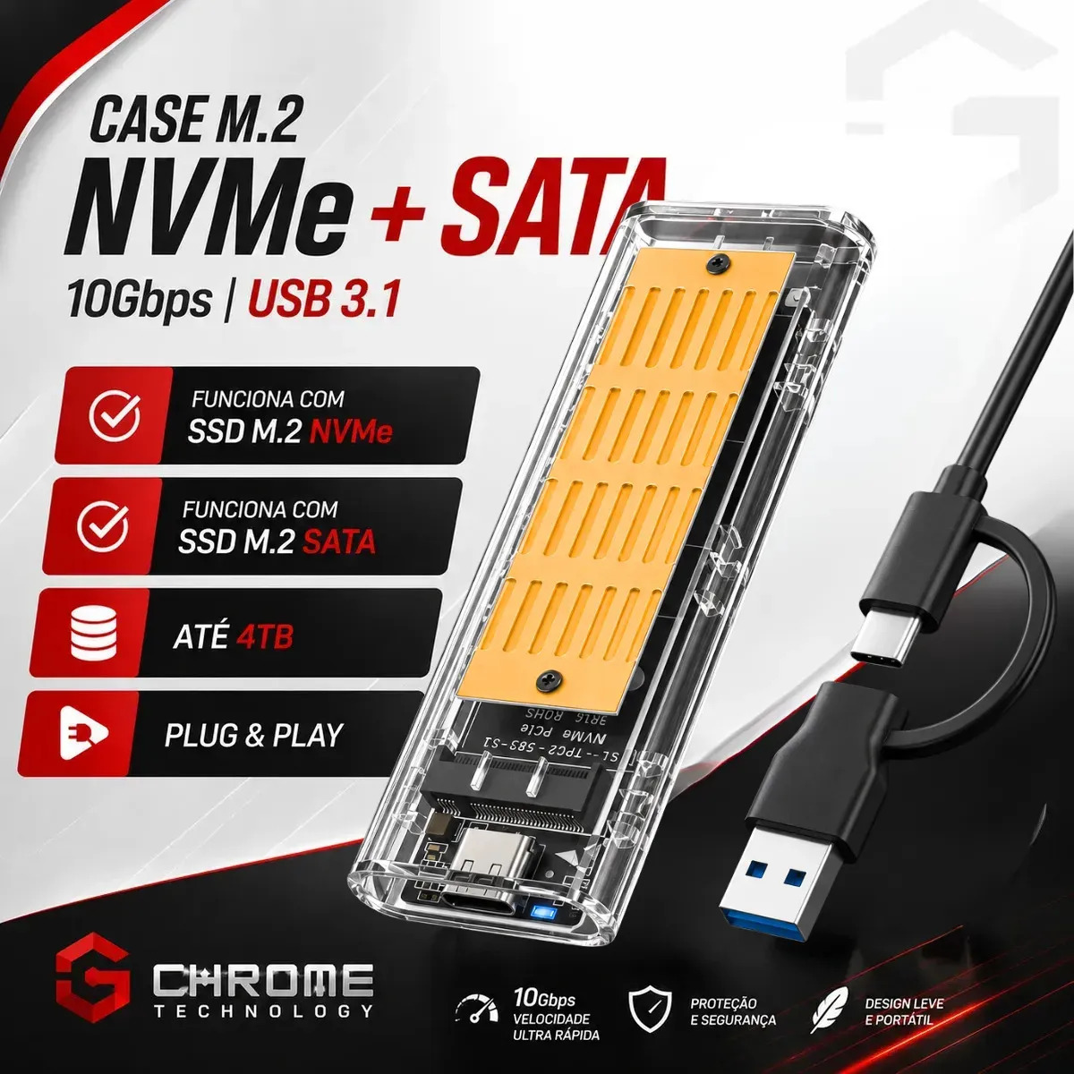 Case ssd M2 Nvme e Sata Ngff Adaptador Hd Externo M.2 Cabo Usb 3.1 Tipo C Hibrido 10Gb Transparente Chrome Technology