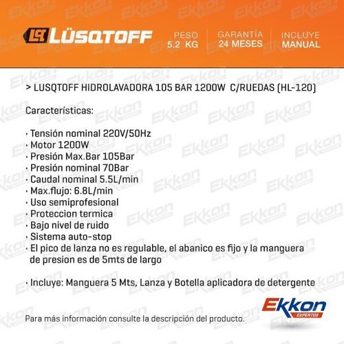 Hidrolavadora 105 Bar Lusqtoff 1200 W Con Ruedas Hl-120