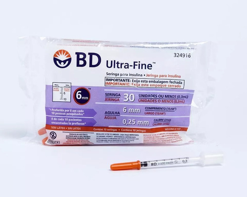 Seringa De Insulina Bd Ultra-fine 30 Ui De 6 Mm Com 10 Un