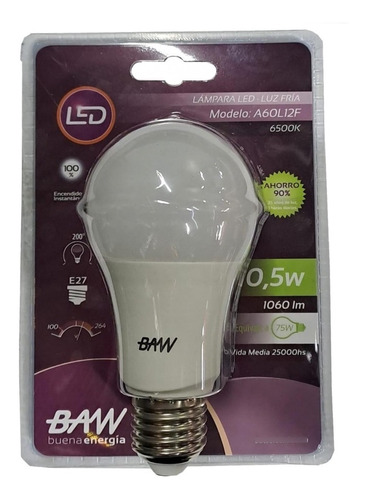 Lampara Led 10,5w Luz Fria X5 Unidades A60l12f Baw Lacueva