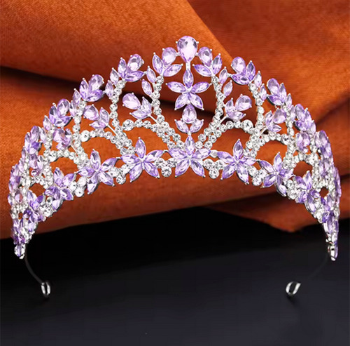 Set De Corona Reina Tiara Gargantilla Y Aretes Xv Boda Novia Lila/plata