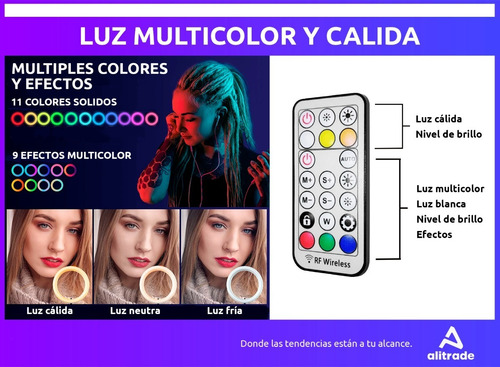 Aro De Luz Led 26 Cm Luz Rgb Calida Fria + Trípode 2.10 Mt