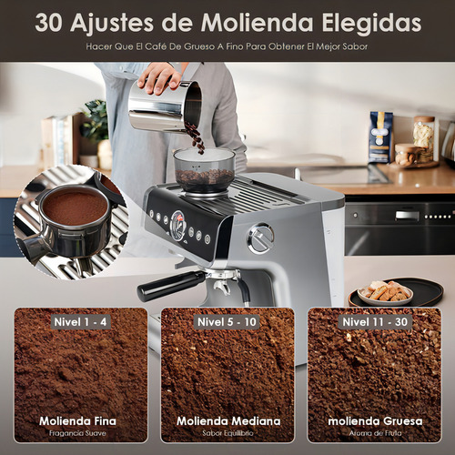 Cafeteira expresso com batedor de leite e moedor de café, para café expresso e cappuccino com leite, reservatório de água removível de 2,8 L, 20 bar, 1450 W