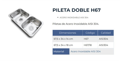 Pileta Bacha Cocina Doble Acero Inox 68 X 34 X 14 Cm Dh67