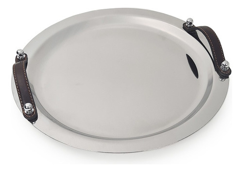 Bandeja Redonda Nativa 35cm De Acero Inox. Con Asas De Cuero