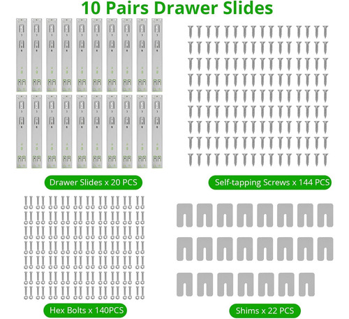 10 Par De Rieles Deslizantes De Cajón De Extensión Completo,