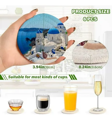 Juego De 6 Posavasos Absorbentes Con Soporte - Paisaje Oia S
