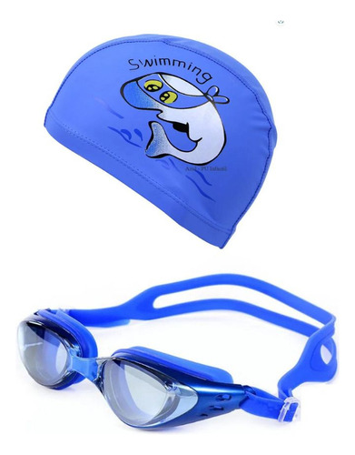 Kit Óculos E Touca Impermeável Para Natação Infantil Cor Azul Golfinho