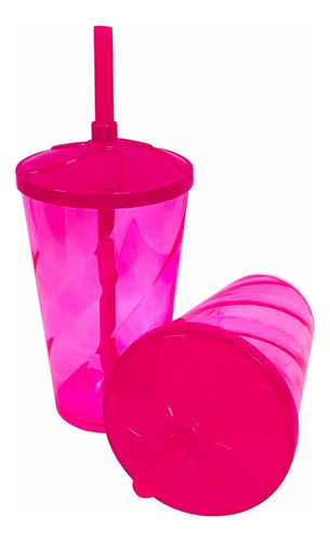 Kit 50 Copo Twister 300ml Com Tampa E Canudo Cor Rosa Neon