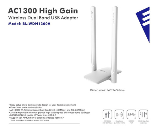 Imagen 2 de 3 de Adaptador Usb Wifi Dual Band Ac1300 Alta Potencia 2 Antenas