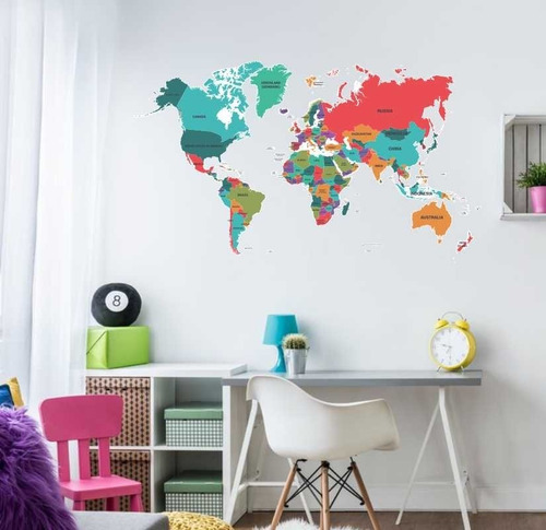 Imagem 2 de 3 de Adesivo Mapa Mundi Colorido Recortado Sem Fundo Extra Grande