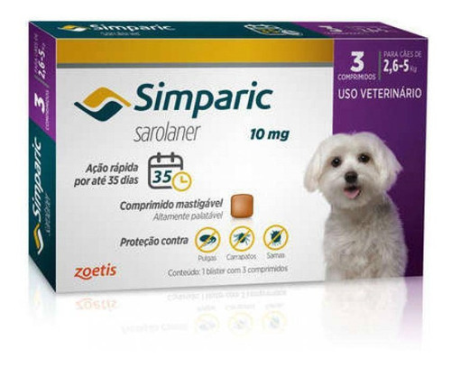 Antipulgas Simparic 10mg - Cães De 2,6 A 5kg - 3 Comprimido