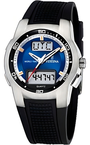 Reloj Festina F6738.b Hombre Hora Mundial Caucho Color de la malla Negro Color del bisel Plateado Color del fondo Azul y Negro