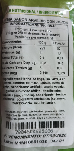 Crema Sabor Arvejas Con Jamon 1kg , Rinde 56 Porciones Aprox