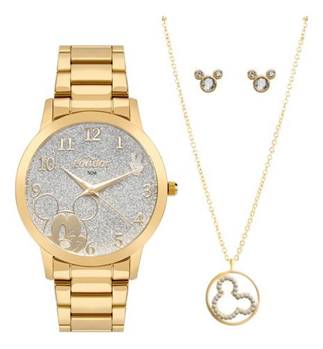Kit Relógio Feminino Dourado Condor Coleção Disney Mickey
