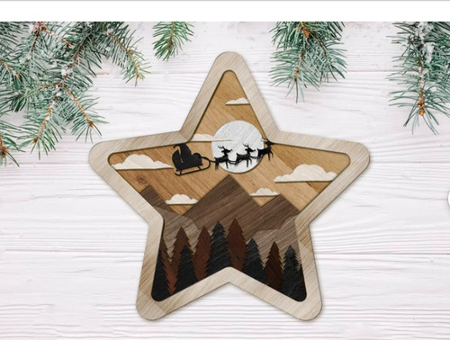 Cuadro Decorativo Estrella Santa Trineo Navidad Madera