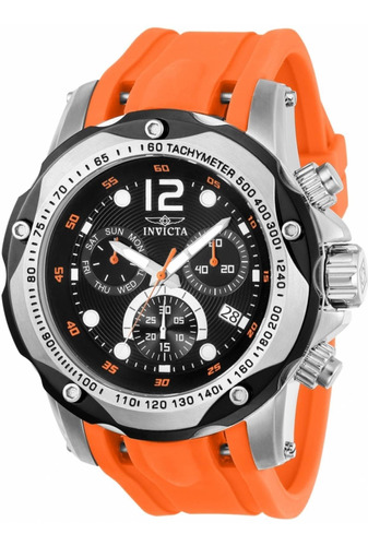 Reloj pulsera Invicta Speedway 20072 de cuerpo color plata, analógico, para hombre, fondo negro, con correa de silicona color naranja, agujas color blanco y plata y naranja, dial blanco y plata, subesferas color negro y plata, minutero/segundero blanco y naranja y hebilla simple