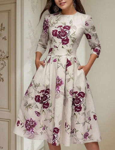 Vestido De Una Línea De Cuello Redondo De Flores Elegantes D