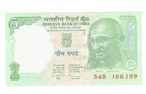 Billete De La India, 5 Rupias.  1997. Unc. Ghandi.  Jp