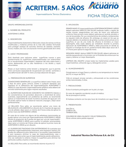 Imagen 6 de 8 de Acriterm, Impermeabilizante 5 Años, Cubeta 19l Blanco