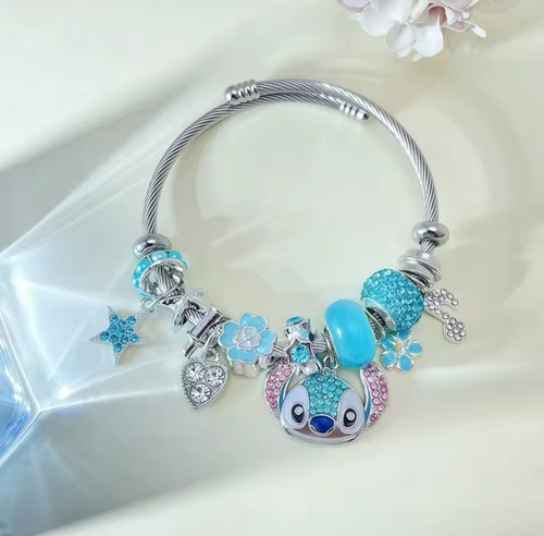 Pulsera Stitch Charms Azul Turquesa Brazalete Ohana Pandor Celeste 10 Cm 18 Cm