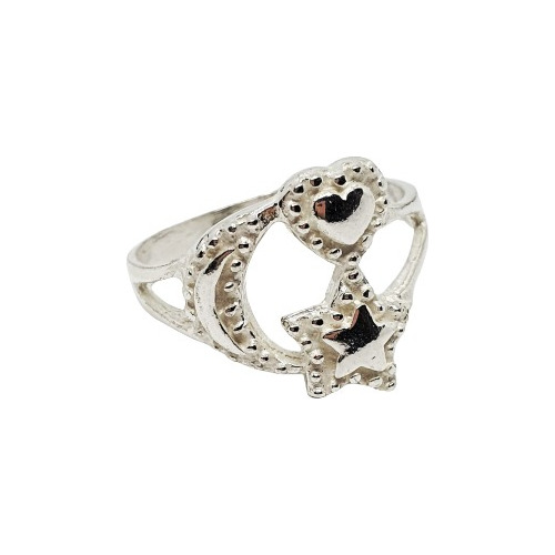 Anillo De Plata Media Luna, Corazón Y Estrella Mujer R126