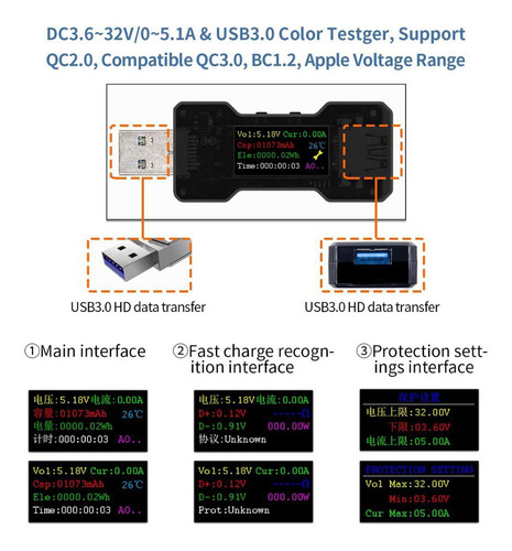 Imagen 5 de 6 de Fnb18 Usb Color Screen Tester Dc Voltímetro Digital