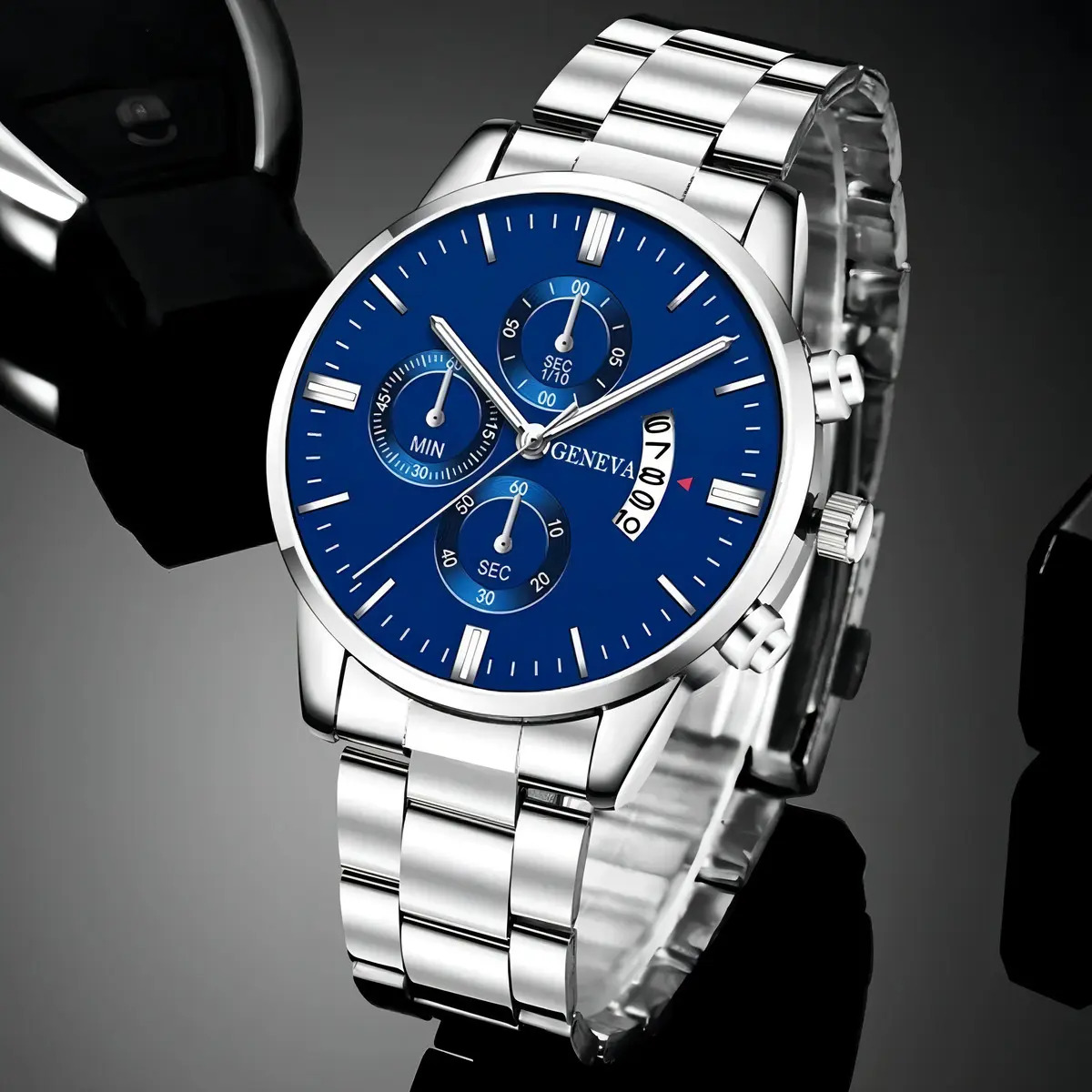 Relógio Masculino Aço Inox Quartz Minimalista Prova D'água Correia Prata Bisel Prata Fundo Azul