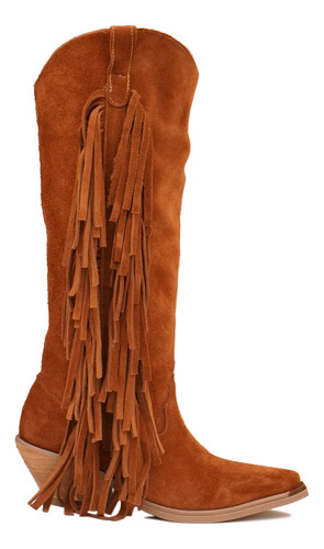 Botas Texanas Mujer Caña Alta Cuero Gamuza 100% Flecos Berna