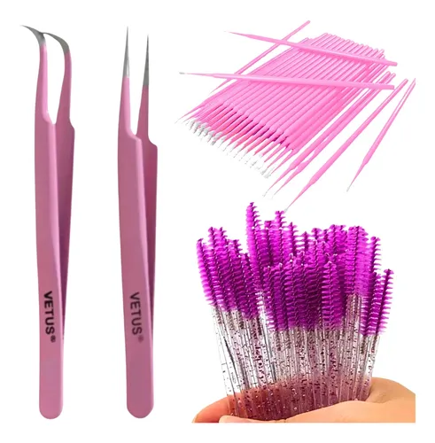 comprar Kit extensão de cílios microbrush escovinhas pinças vetus Rosa