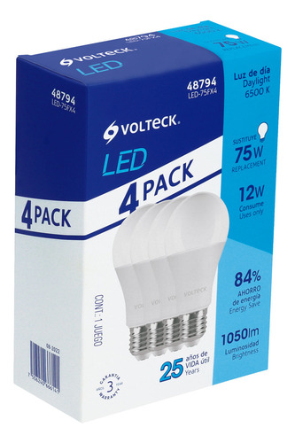 Lámpara De Led A19 12w Luz De Día 4pz C/caja 48794