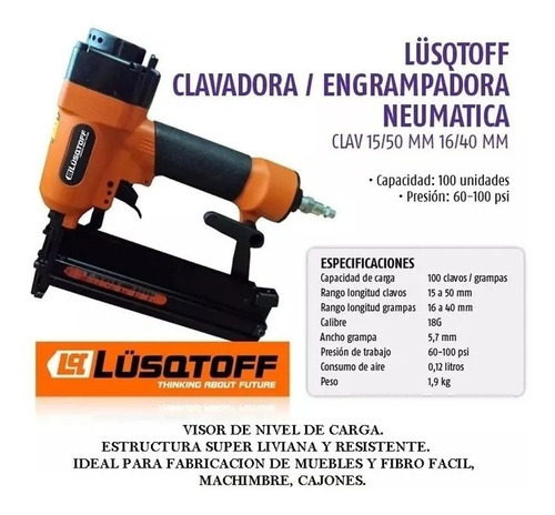 Clavadora Engrapadora Neumatica Lusqtoff GC9040-50 Calibre 18Ga 60-100PSI