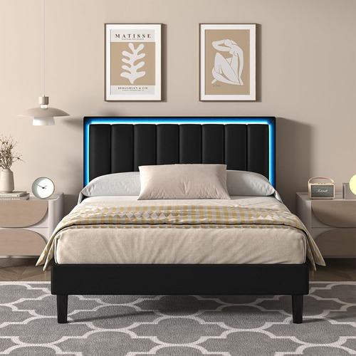 Base De Cama Matrimonial Color Negra C/cabecera Con Luz Led