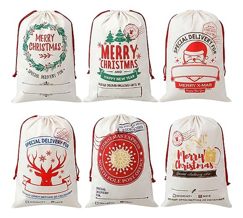 6 Pack Christmas Large Santa Sacks,canvas Stocking With...