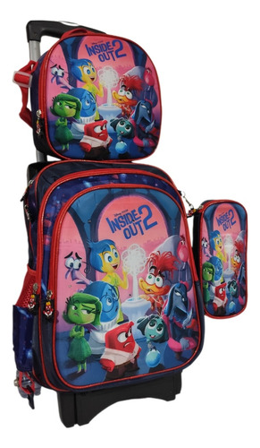 Mochila Lonchera Y Lapicera. Combo De Intensamente Con Llantas, Ruedas O Carrito Azul Marino Liso