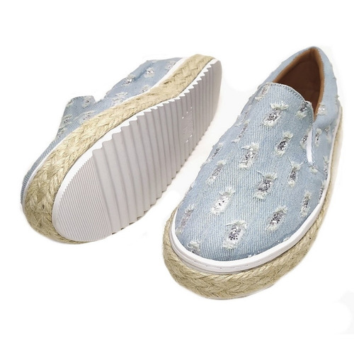 Imagem 3 de 6 de Slip On Tenis Feminino Sola Corda Jeans Azul Rasgado Glitter