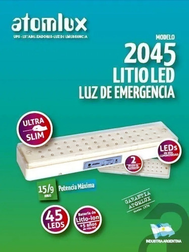 Imagen 7 de 9 de Luz De Emergencia Atomlux 2045 Litio Led 42 Leds 15 Horas
