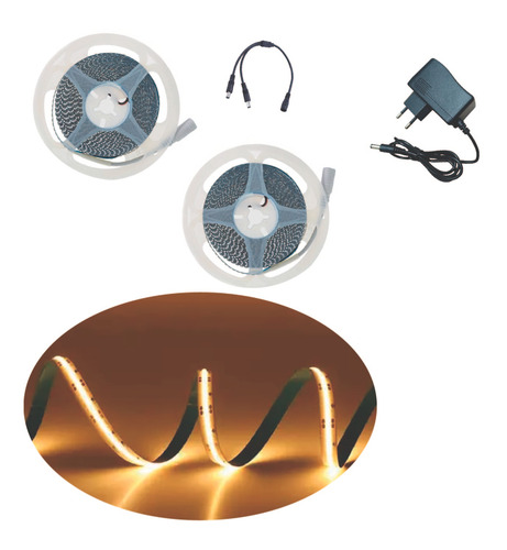 Fita Led Cob Branco Quente 10 Metros Controle+ Dimmer+ Fonte