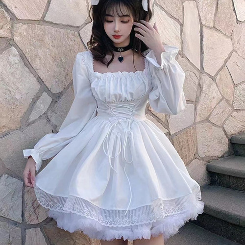 Vestido Negro De Manga Larga Lolita Goth Aesthetic Puff