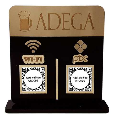 Placa Display 2 Qrcode Pix E Wi-fi Acrílico Dourado E Preto Cor Adega